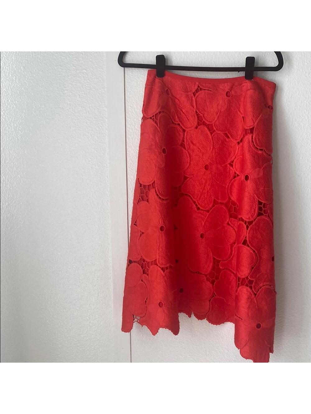 Cynthia Rowley Size 4 Bright Red Floral Lace Skirt Scalloped Hem A-Line Midi